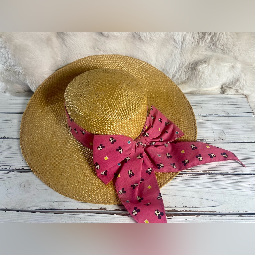 Vintage 1987 Disney Fashions Mickey Mouse Sun‎ Straw Hat Pink Bow USA Made